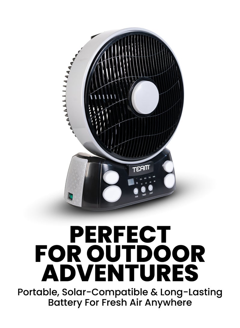 تيم TEAM Rechargeable Emergency Fan – 12" AC/DC Operated, 6-Speed Wind Adjustment, LED Light, USB Mobile Charging, Timer Display, Solar Compatible, Long Battery Life - Image 4